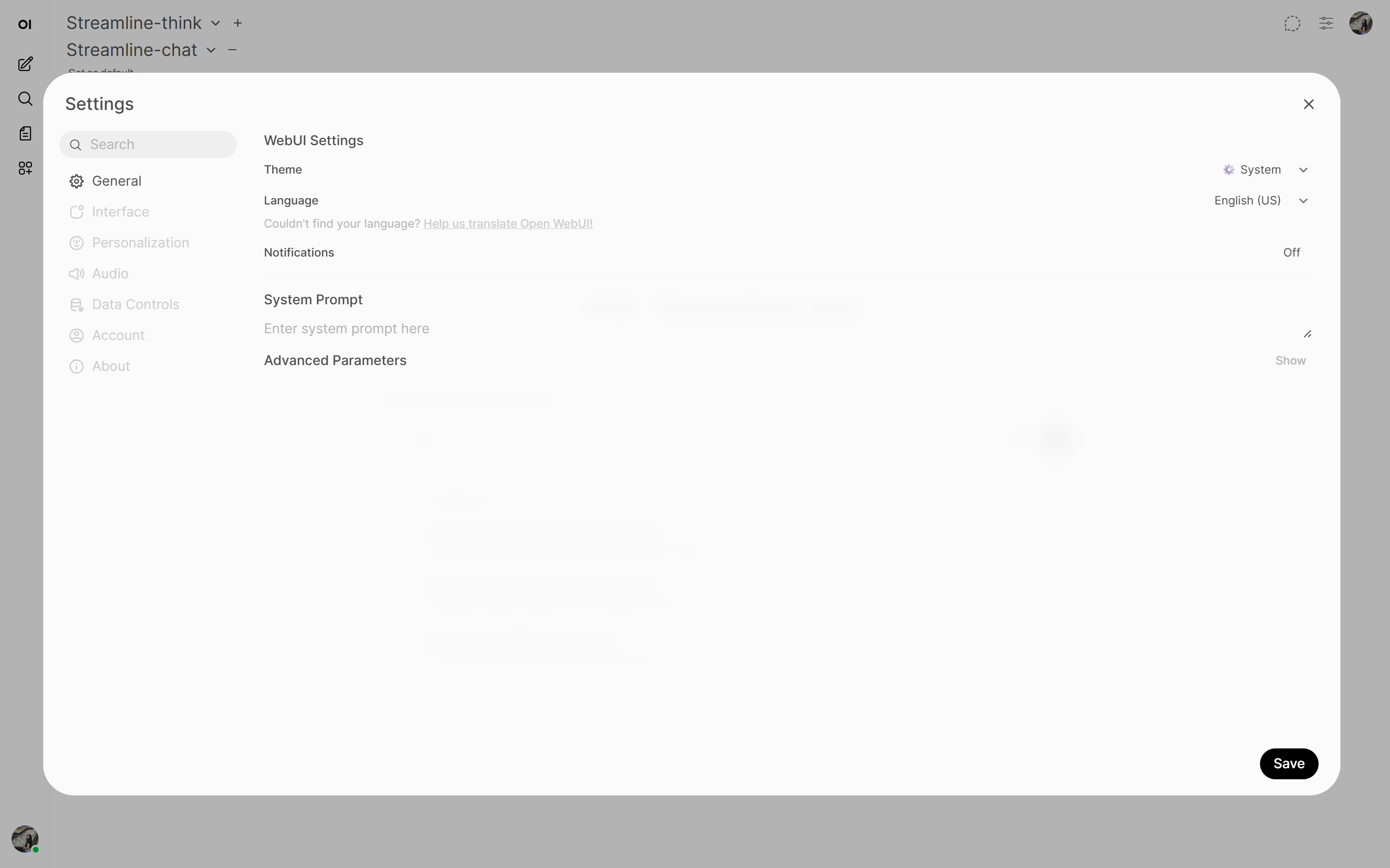 Streamline Settings modal